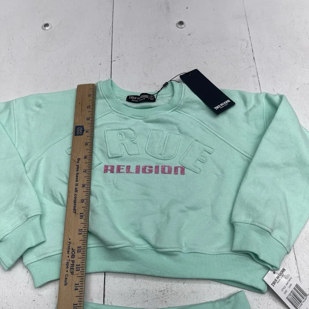 True Religion Mint Blue Logo Pullover Sweatshirt & Shorts Outfit Youth Girls 6x
